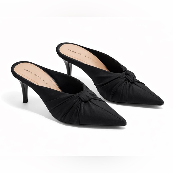 Black Satin Knot Mule Heels Pointed Toe Minimal Chic Size 5 - Picture 2 of 9